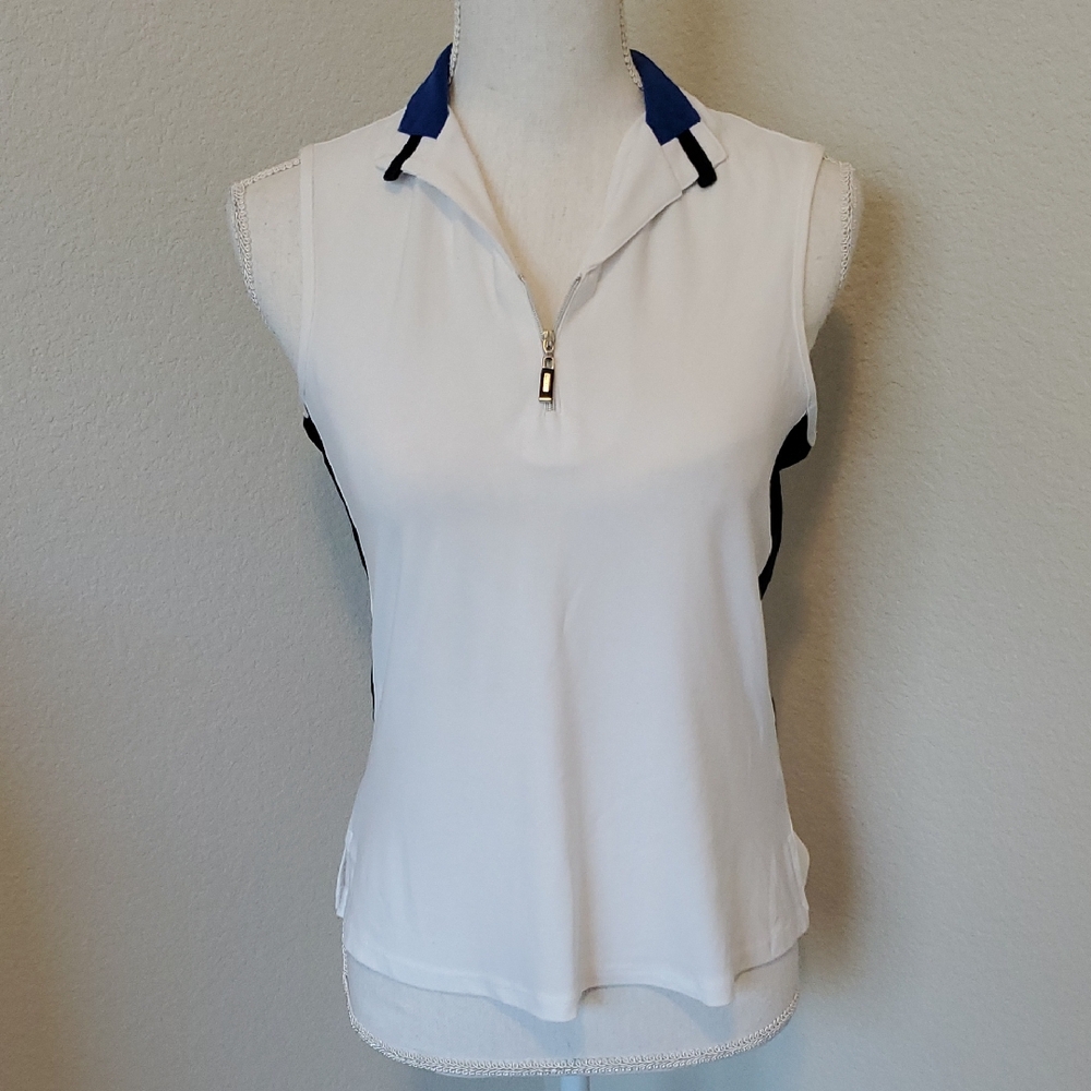 DKNY White and Blue Zip-Up Golf Polo